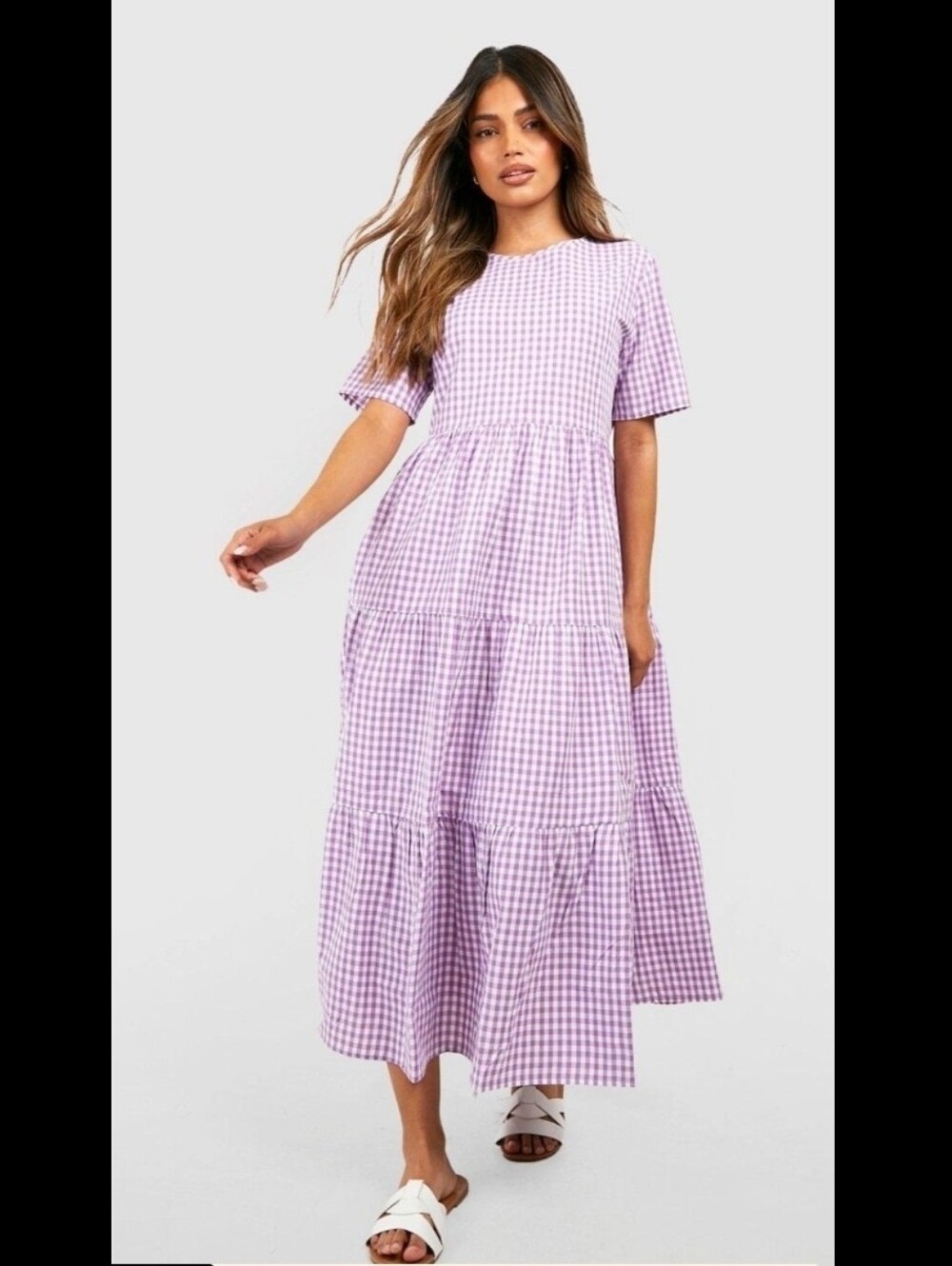 Boohoo Gingham Print Tiered Midi Smock Dress in Lilac 18